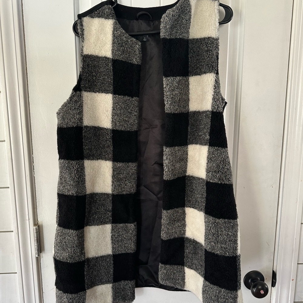 Talbots Buffalo Plaid Checkered Sherpa Long Vest Small